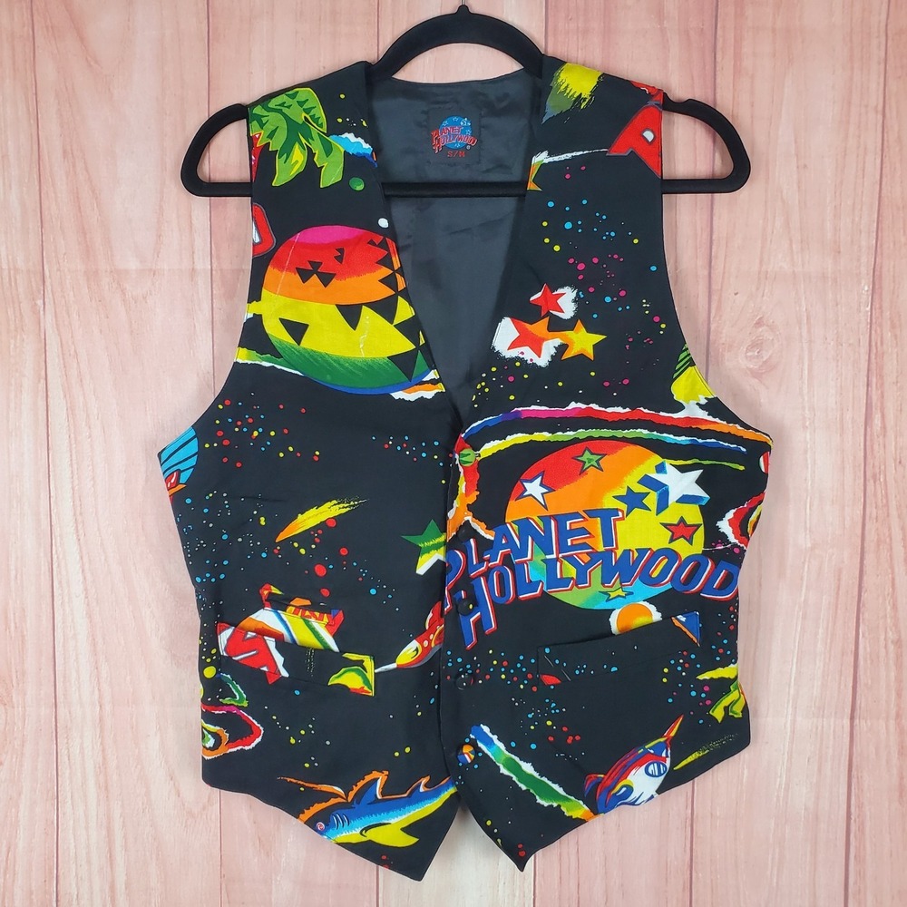 VTG Planet Hollywood Vest Sz S / M All Over Print Rayon V Neck Button Front